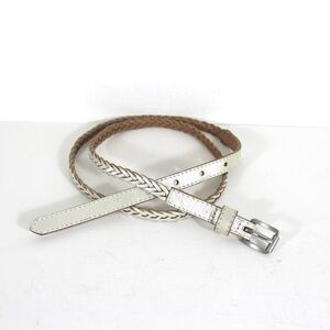 Pearlized Skinny White Silver Platinum Woven Braided Leather Belt, Narrow Silver